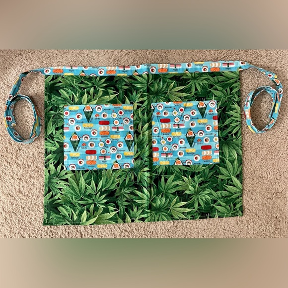 New, handmade half apron with 2 pockets in sushi and cannabis/ weeds fabrics